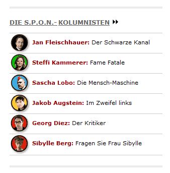 Screenshot von Spiegel Online mit den aktuellen SPON Kolumnisten. Unter anderem auch Sascha Lobo.