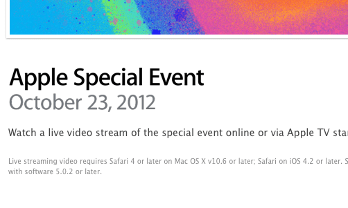 Screenshot der Apple Website zum Live Stream des Apple Events am 23.10.2012