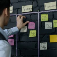 Projektmanager bei der Projektplanung mit Aufgaben und Haftnotizen
